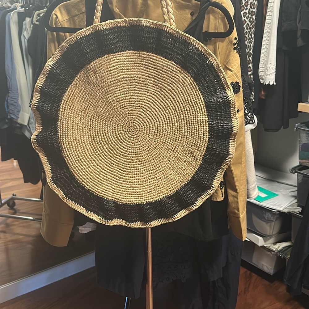Sezane Large Round Raffia Tote with Black Trim, Like New